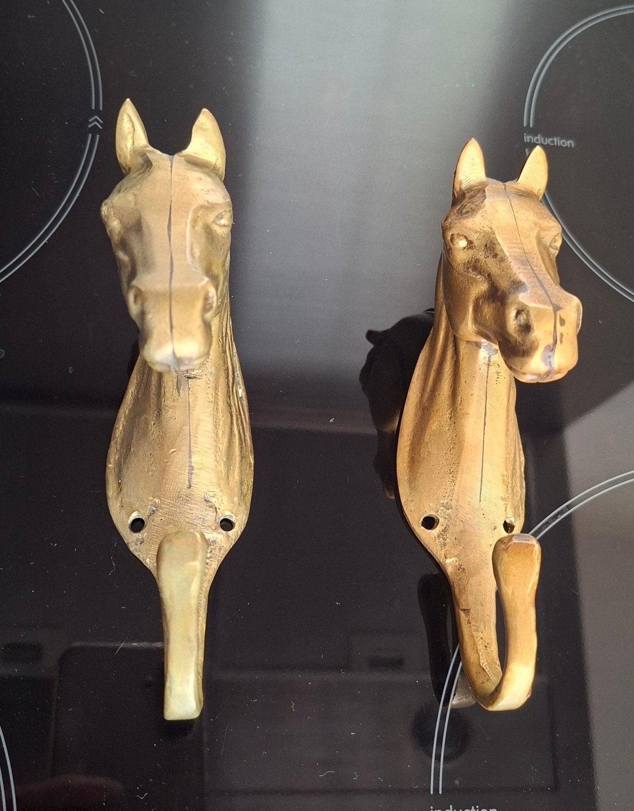 2 Messing Kapstokhaken Paardenhoofden, Gebruikt, Wandhaken, Ophalen of Verzenden, Minder dan 100 cm