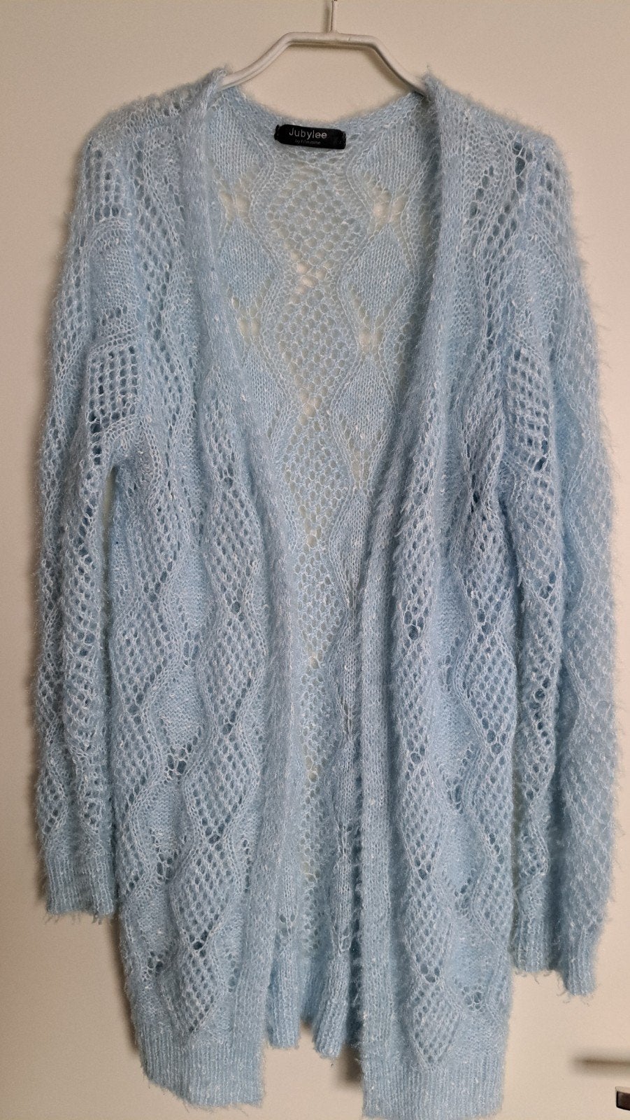 Lichtblauw, lang open gebreid vest, mt. L/XL, Blauw, Maat 42/44 (L), Ophalen of Verzenden, Zo goed als nieuw