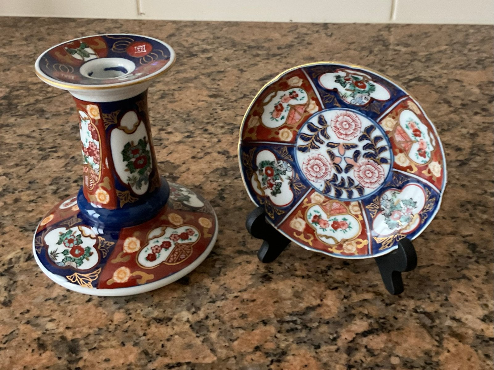 Imari porseleinen kandelaar en schaaltje, Ophalen of Verzenden