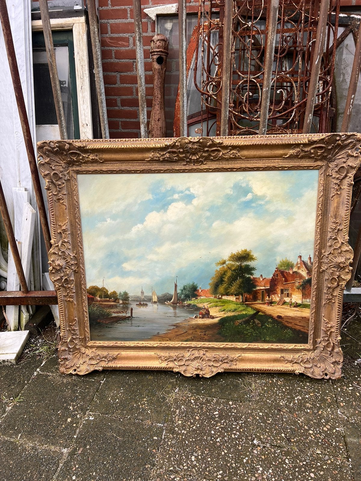 Olieverfschilderij: Hollands rivierlandschap met boten, Ophalen