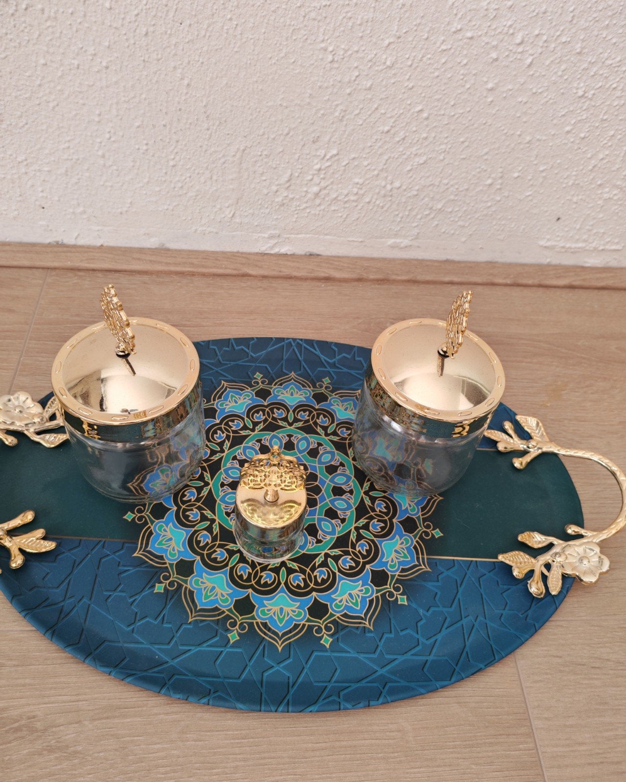 Decoratieve dienbladset met potjes, Gebruikt, Ophalen of Verzenden, Oosters, Goud