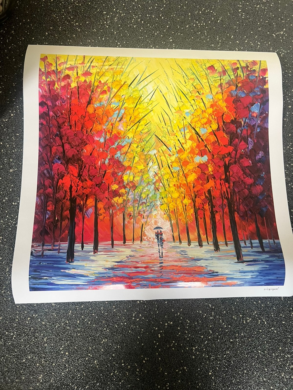 Lithograph S. ilyayef Walking in the rain 70x70 cm, Ophalen of Verzenden