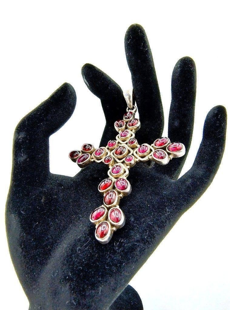 Zilveren kruis hanger met granaat, 925, religieus, Info@zilverwebsite.nl, Verzenden, Zo goed als nieuw, Zilverwebsite.nl