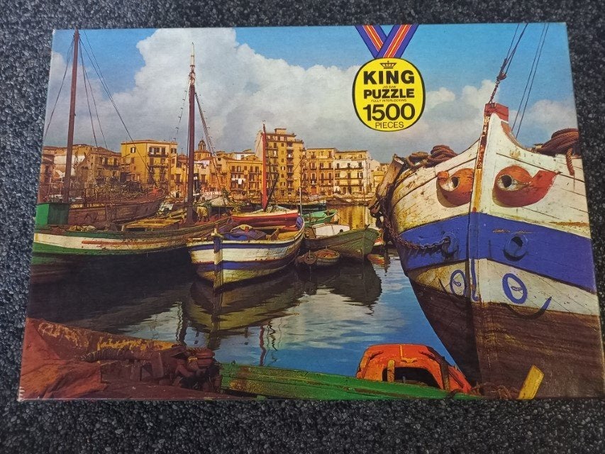 * Vintage puzzel King Palermo haven 1500 st 1962 *, Ophalen of Verzenden, 500 t/m 1500 stukjes, Gebruikt, Legpuzzel
