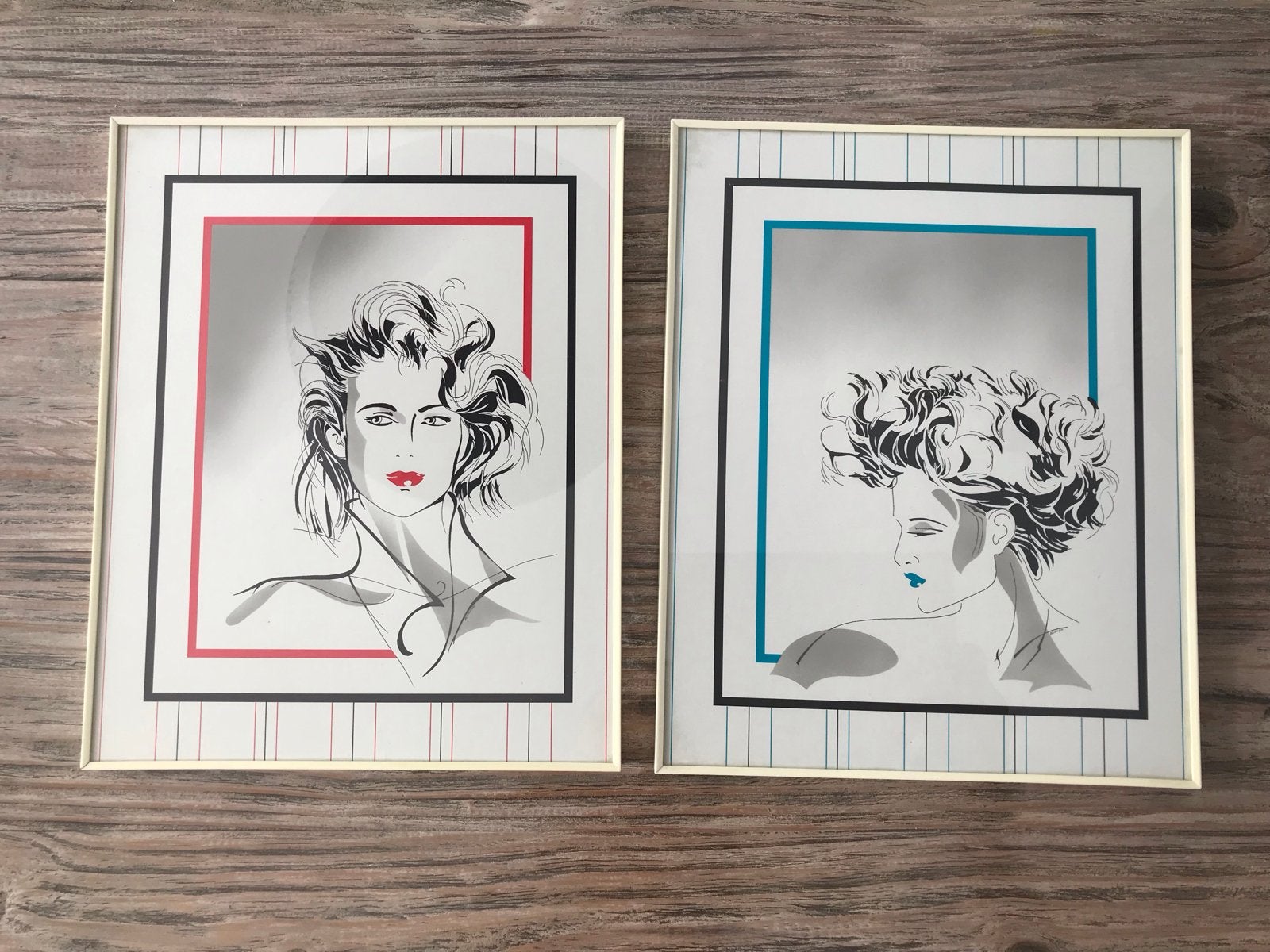 Set van 2 ingelijste vintage prints - jaren '80 stijl, Antiek en Kunst, Kunst | Tekeningen en Foto's, Print, Print/reproductie