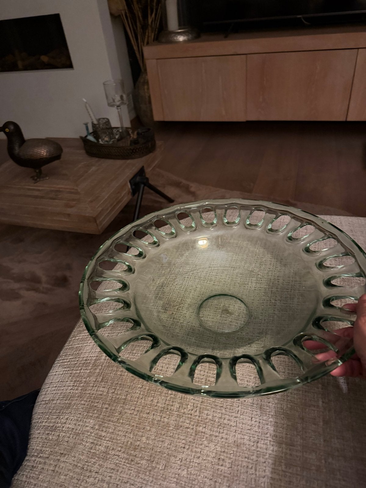 Vintage Spaanse XXL Fruitschaal – Groen Glas Openwork (41 cm, Ophalen of Verzenden