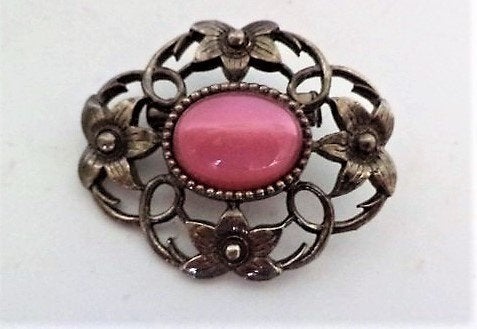 Schotse broche roze middensteen rand bloemen (7941-5438), Ophalen, Zo goed als nieuw, Zilver, Overige materialen