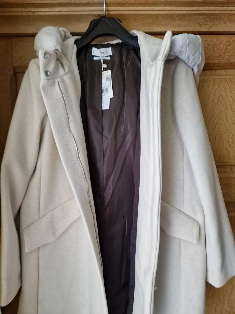 NIEUW Wollen jas met capuchon, Mango, Wit, Maat 42/44 (L), Nieuw