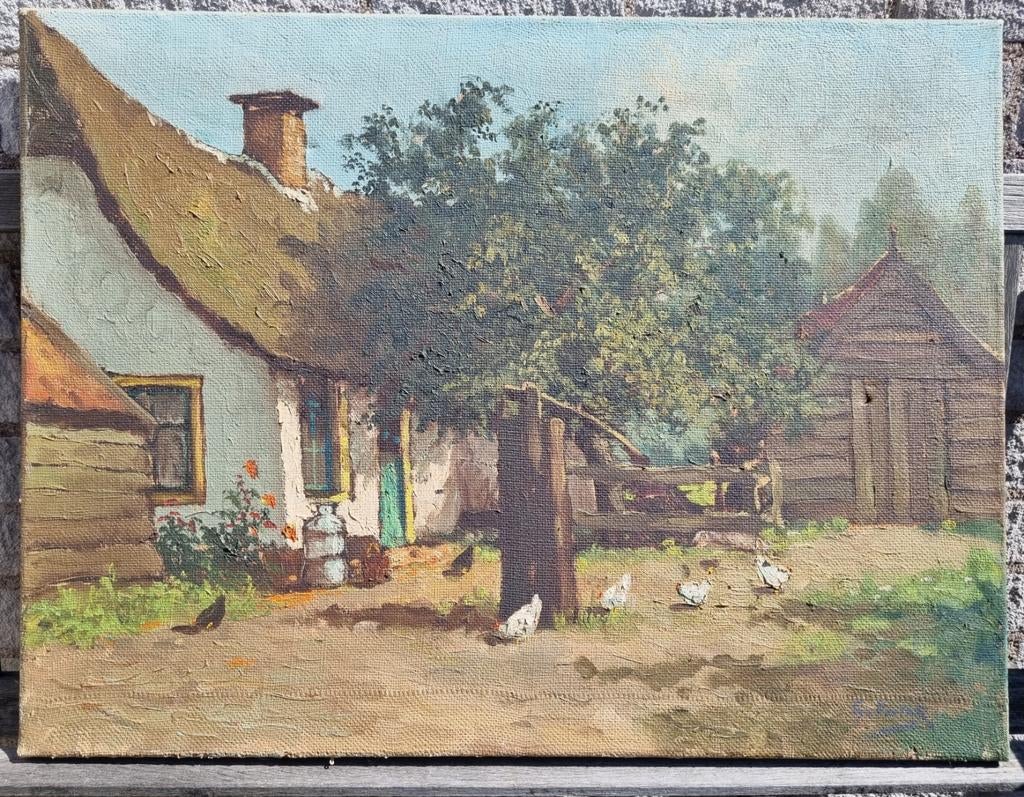 Boerderijtafereel Haagse School olieverf op jute, Antiek en Kunst, Kunst | Schilderijen | Klassiek, Ophalen