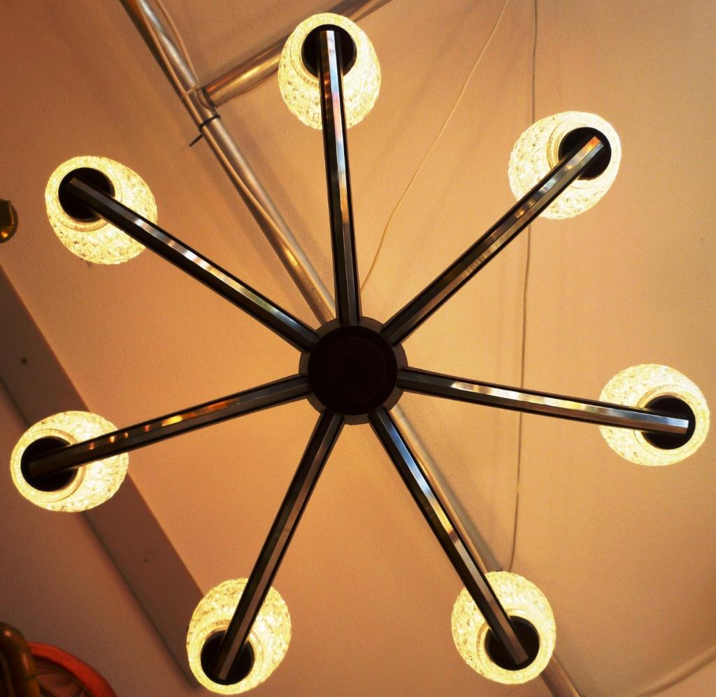 Grote Zwitserse design hanglamp met 7 armen ca 1970., Ophalen of Verzenden, Zo goed als nieuw, Glas, Vintage