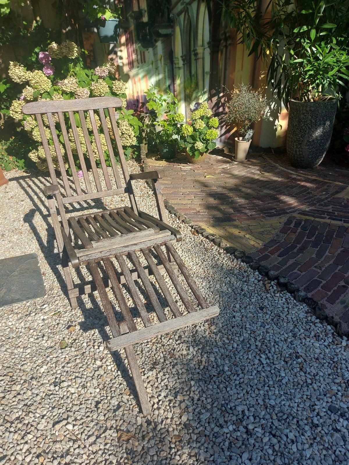 Houten tuinligstoel met voetensteun - Verstelbaar en inklapb, Ophalen, Gebruikt, Hout, Verstelbaar