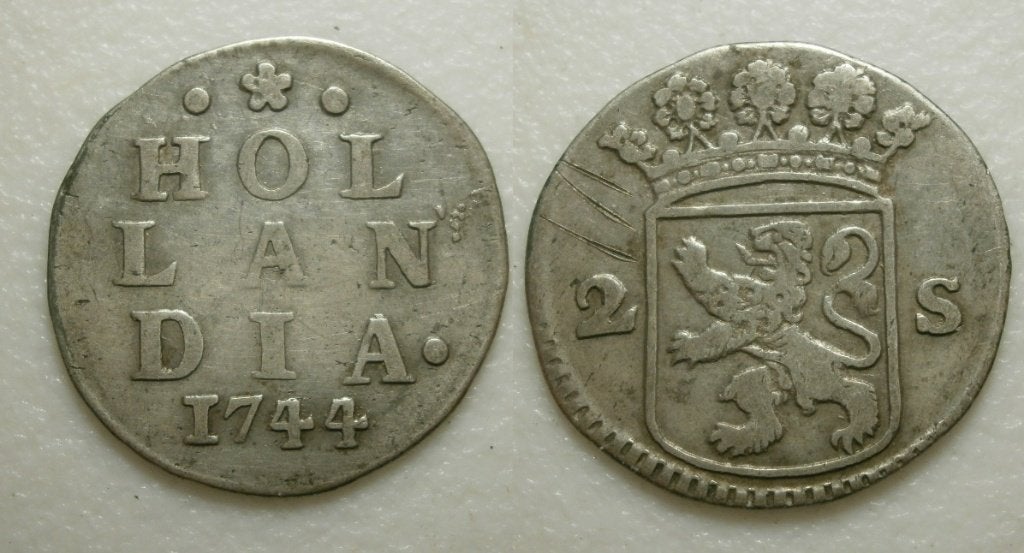PD11495 Holland Dubbele wapenstuiver 1744 (over 33), Postzegels en Munten, Vóór koninkrijk, Zilver, Ophalen of Verzenden, 10 cent