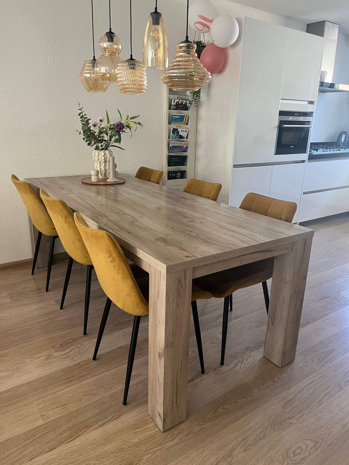 6 okergele eetkamerstoelen, Huis en Inrichting, Ophalen of Verzenden, Gebruikt, Rechthoekig, 50 tot 100 cm