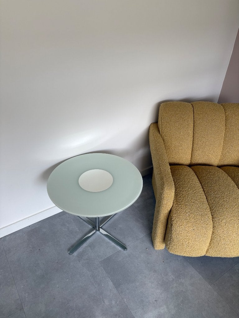 Moderne design salontafel – wit glas & chroom – Ø55 cm, Ophalen, 50 tot 100 cm, Rond, 50 tot 100 cm