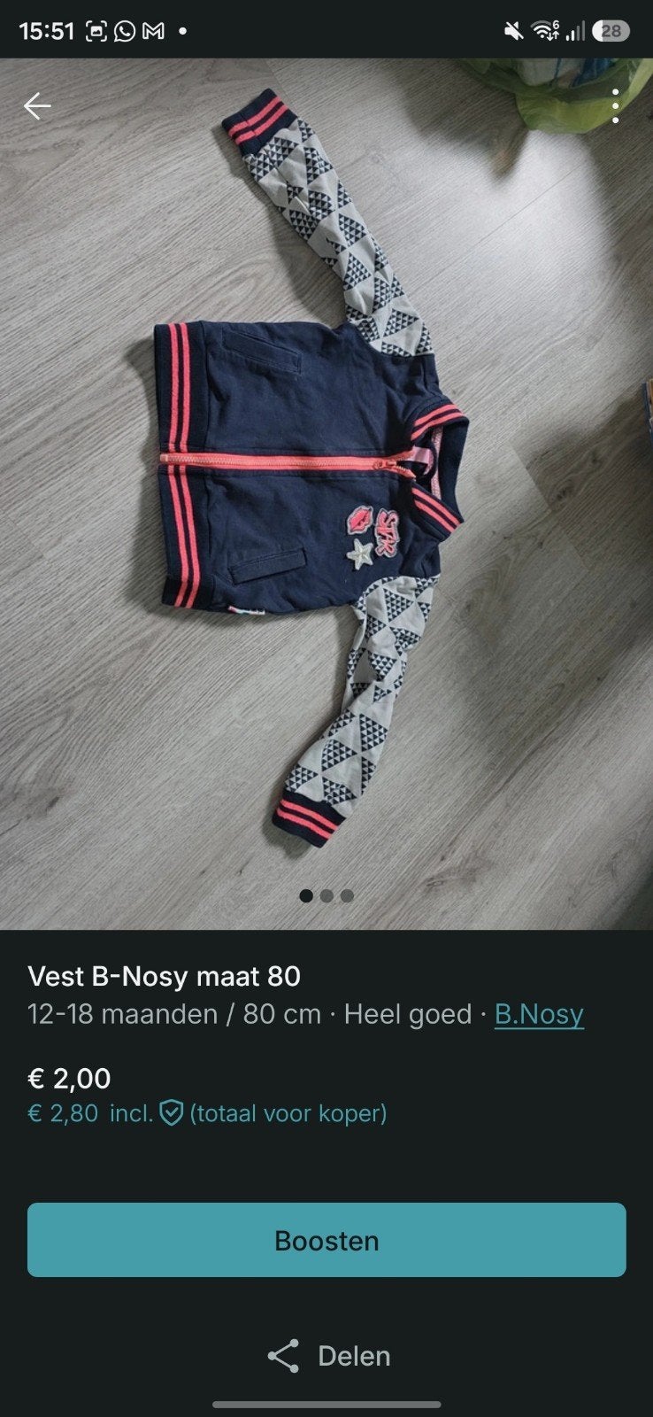 B-Nosy vest maat 80 voor meisjes, Ophalen of Verzenden, Zo goed als nieuw, B-Nosy, Meisje