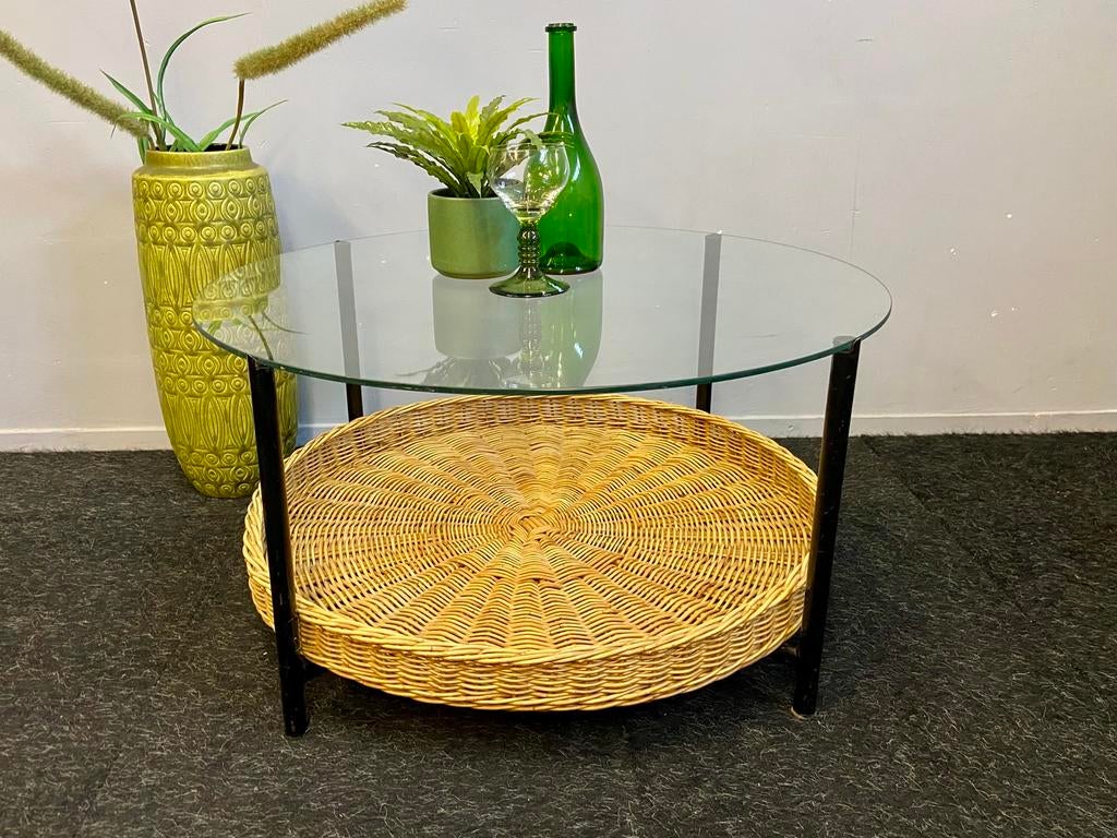Vintage salontafel Dutch Design retro rotan glas jaren 60/70, Antiek en Kunst, Ophalen