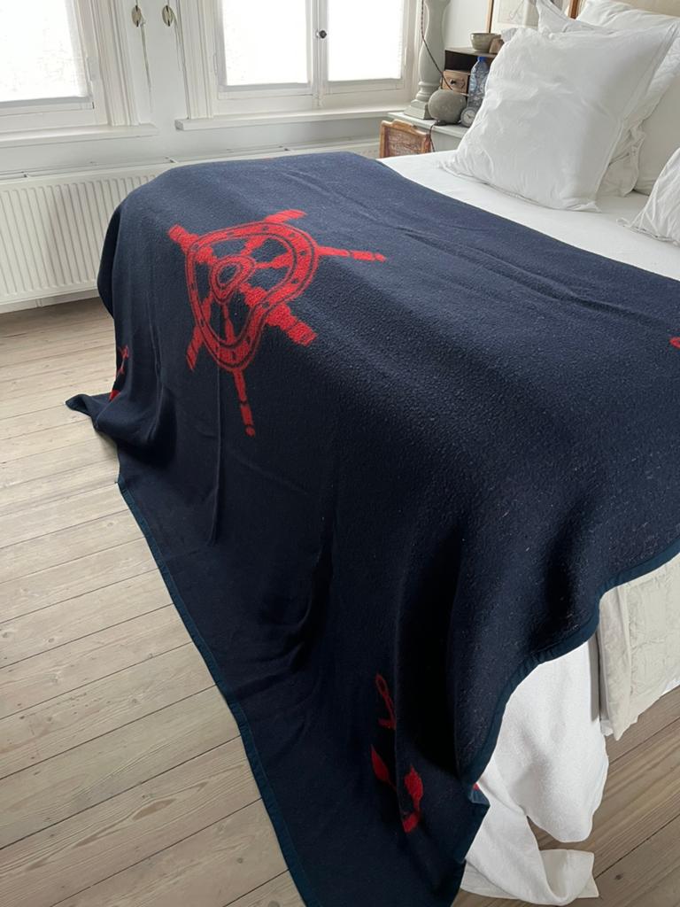 VINTAGE DEKEN 2 STUKS WOL DONKERBLAUW ROOD BED SOFA, Gebruikt, Blauw, Tweepersoons, Ophalen of Verzenden