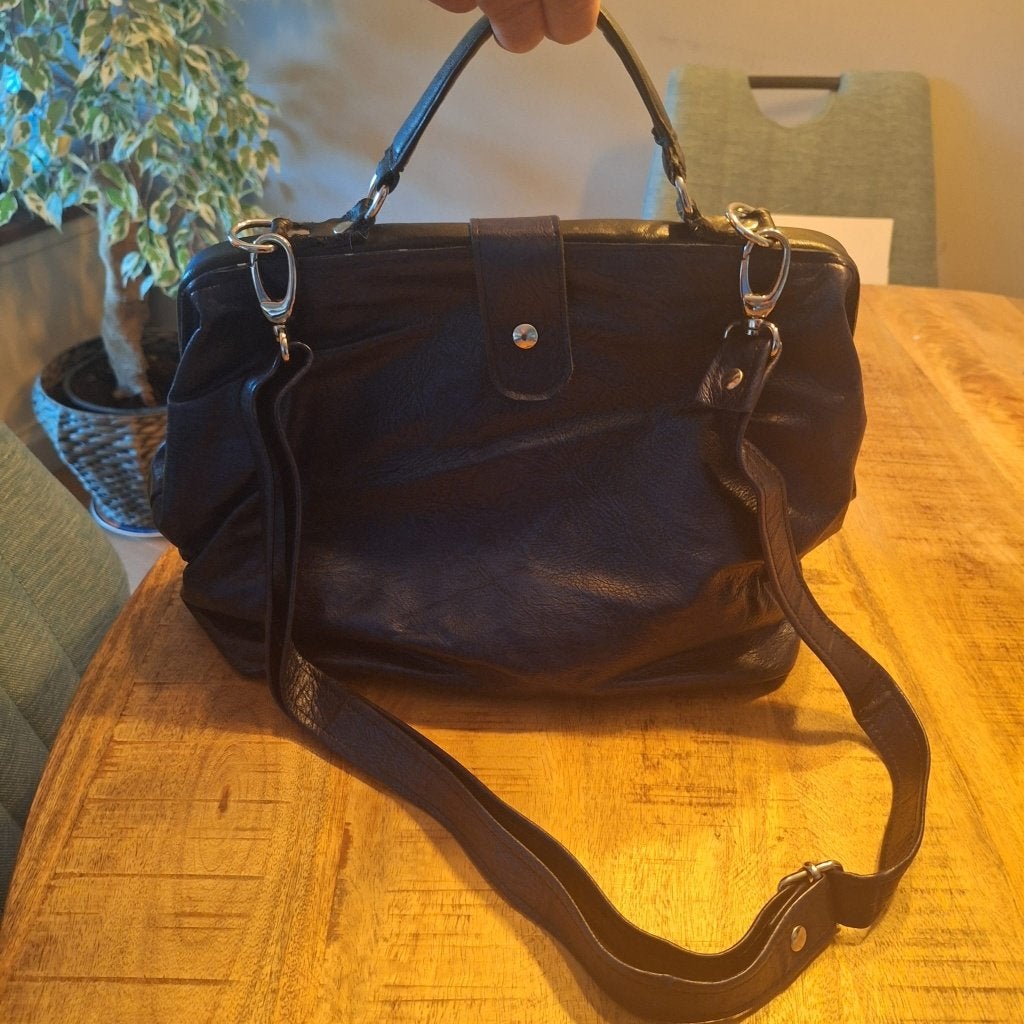 Handgemaakte donkerblauwe leren tas, Ophalen of Verzenden, Gebruikt, Blauw, Handtas