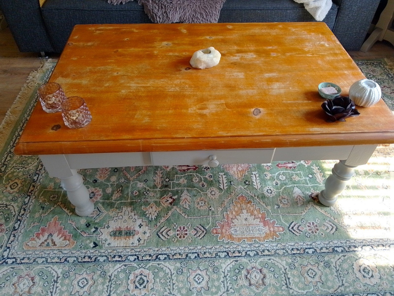 Robuuste houten salontafel met lade, Ophalen, Gebruikt, 100 tot 150 cm, 50 tot 100 cm