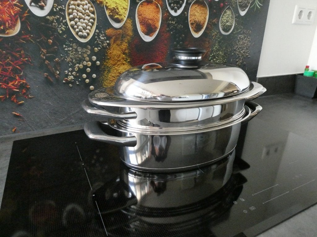 AMC Ovale Vispan / Braadpan 38 cm compleet met Visiotherm, Gebruikt, Braadpan, Ophalen of Verzenden, Rvs