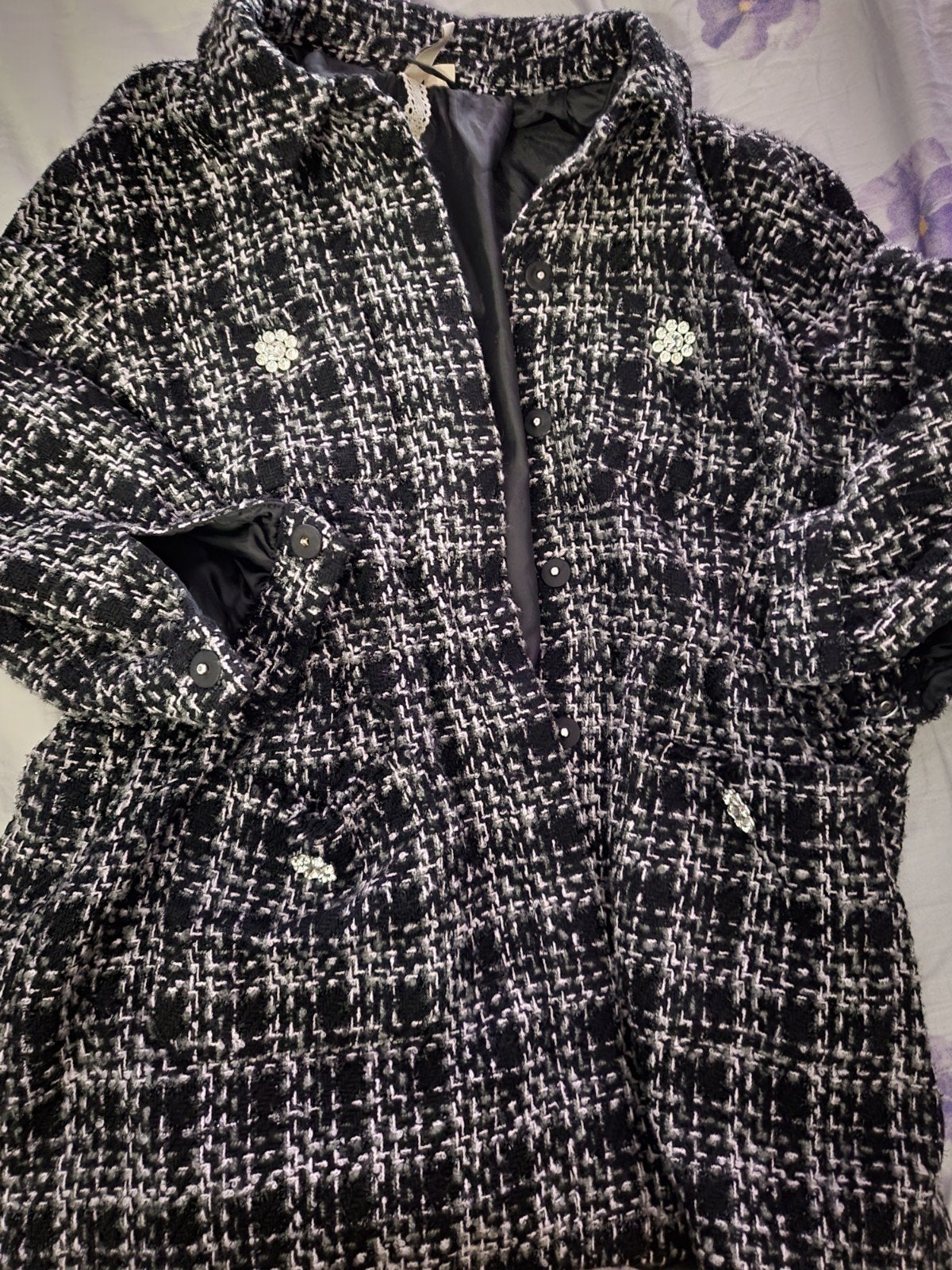 H&M Zwart/Wit Tweed Jas met Strass Details, Ophalen of Verzenden, Zo goed als nieuw, Maat 42/44 (L), Zwart