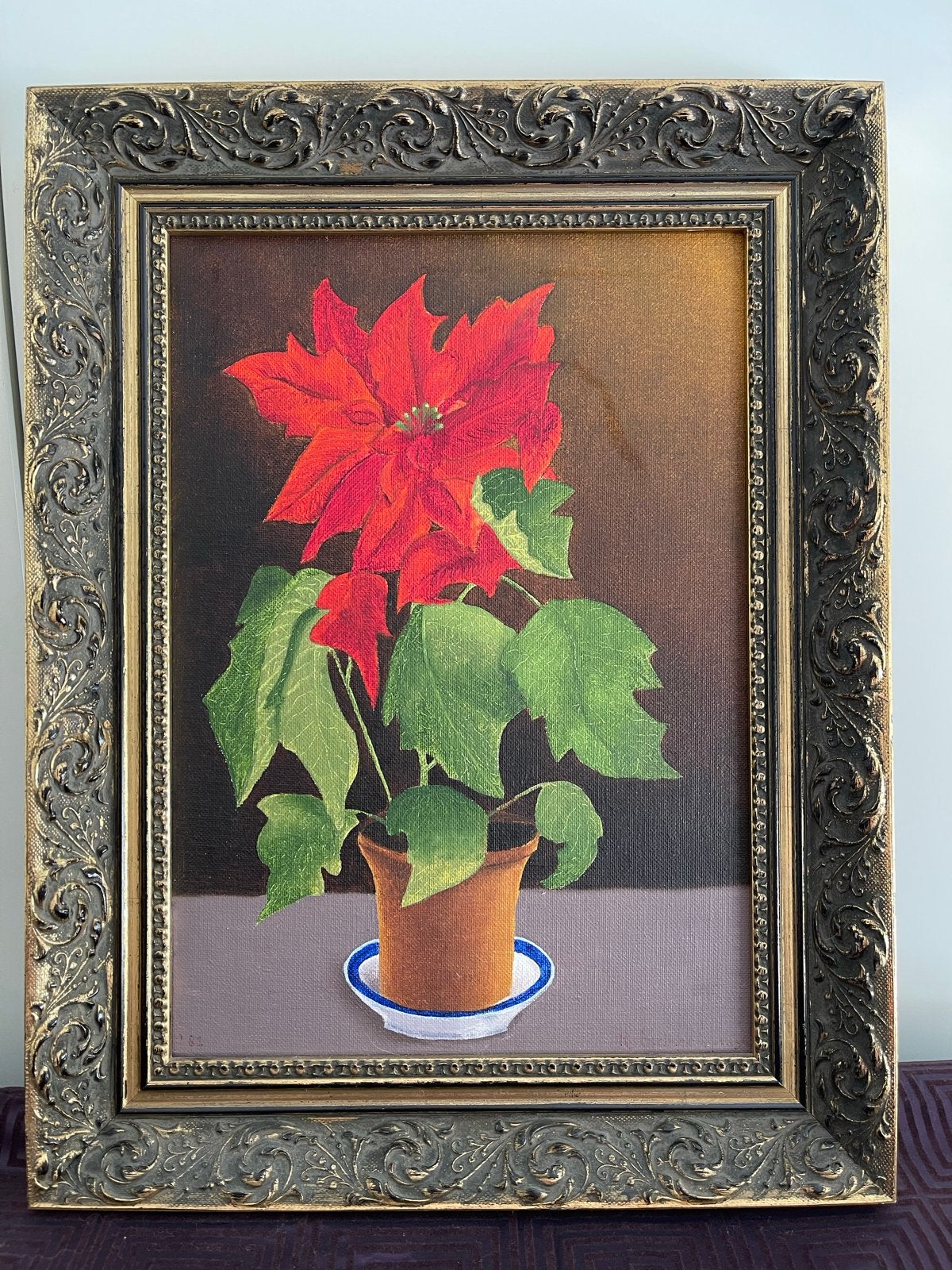 Kerstster Schilderij in Sierlijke Lijst, Bloemen, Doek, Realistisch, Ophalen of Verzenden