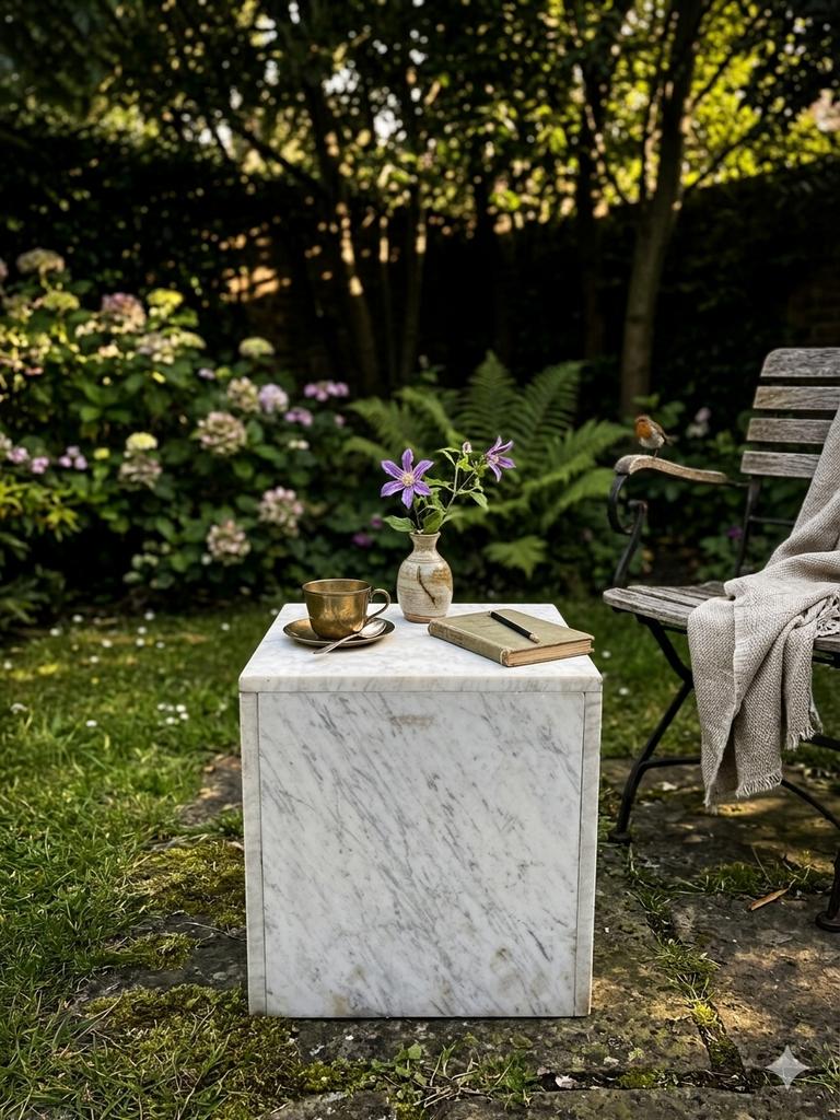 Marmeren bijzettafel voor buiten - Gebruikt, Tuin en Terras, Ophalen, Gebruikt, Vierkant, Overige materialen