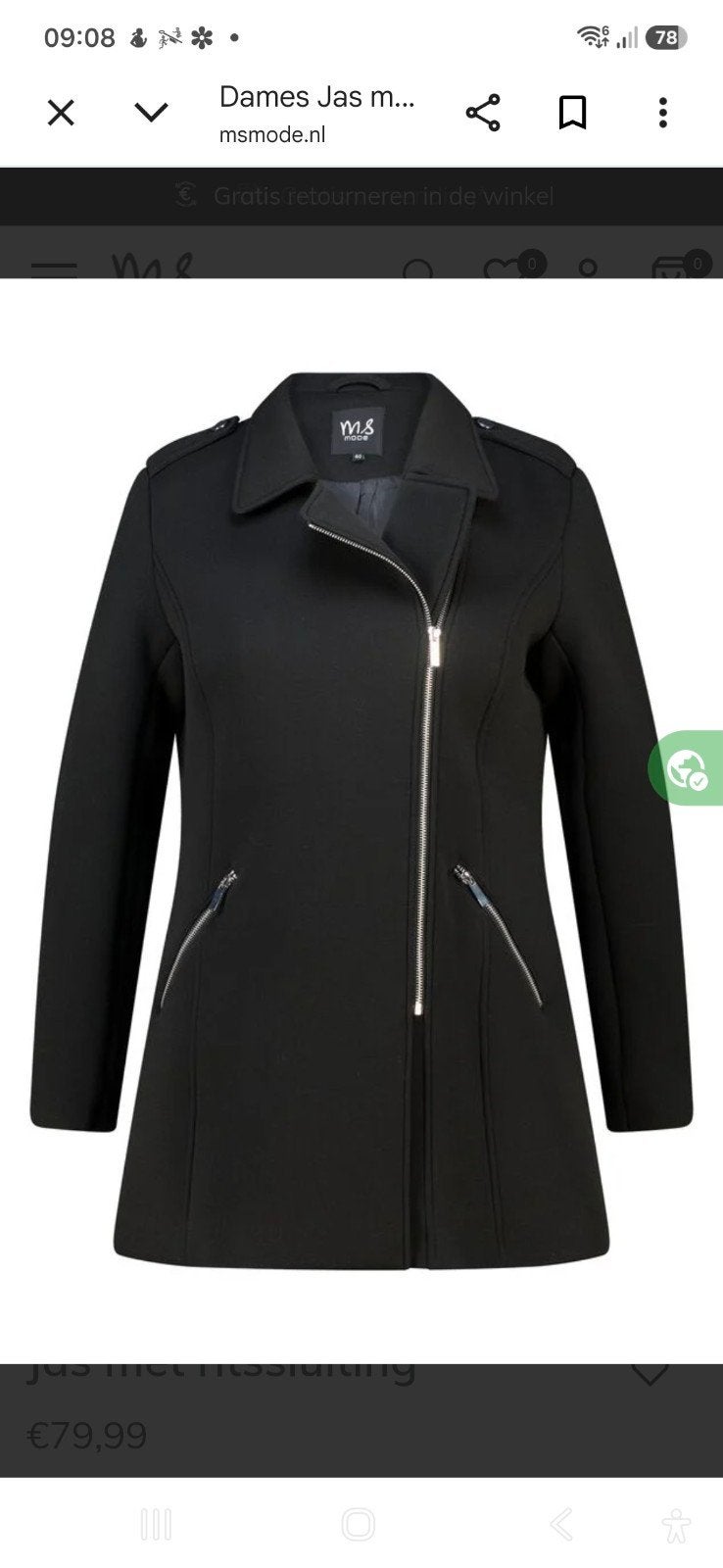 MS Mode Zwarte Jas met Ritsluiting maat 54, Kleding | Dames, MS Mode, Ophalen of Verzenden, Zo goed als nieuw, Zwart