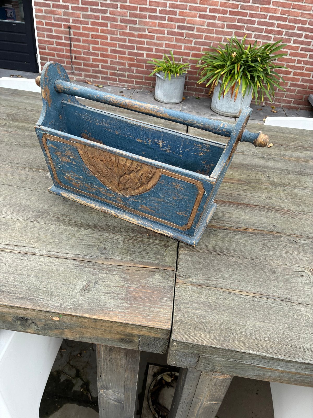 Vintage houten lectuurbak - Blauw met goudkleurige details, Meerdere vakken, Gebruikt, Lectuurbak, Hout