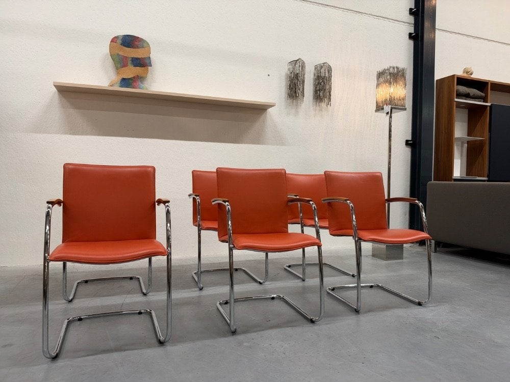 6 Als nieuw Leolux Freyr eetkamerstoel Oranje leer Stoel, Huis en Inrichting, Leolux, Overige kleuren, Info@leolux.nl, Leer