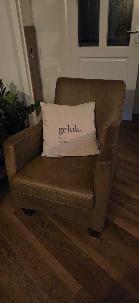 Leren 2-zitsbank en 2 fauteuils bruin, Ophalen, Gebruikt, Driepersoons, Rechte bank