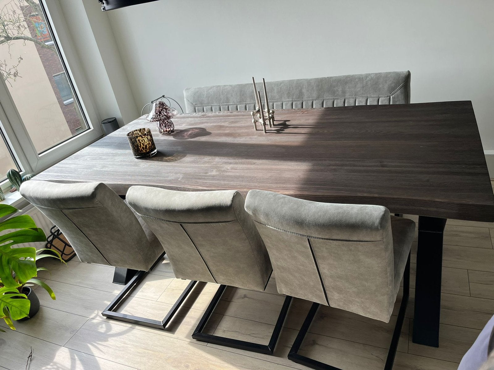 Boomstamtafel 200x100 incl. stoelen en bankje, Ophalen, 200 cm of meer, 50 tot 100 cm, Zo goed als nieuw