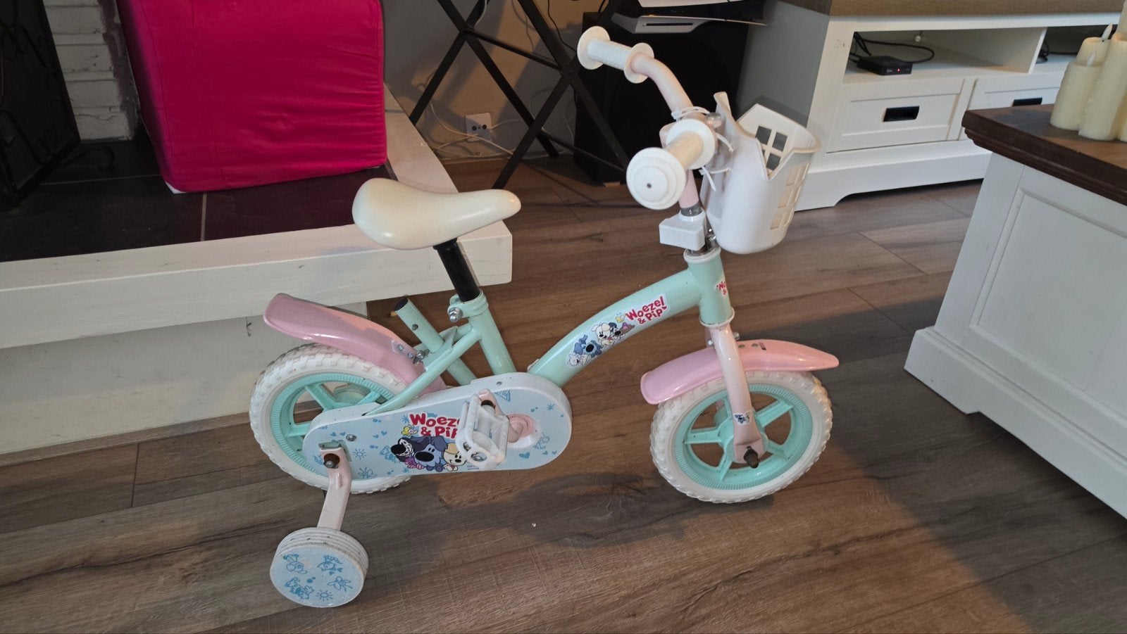Woezel & Pip kinderfiets met zijwieltjes, Ophalen, Terugtraprem, Zijwieltjes, Gebruikt