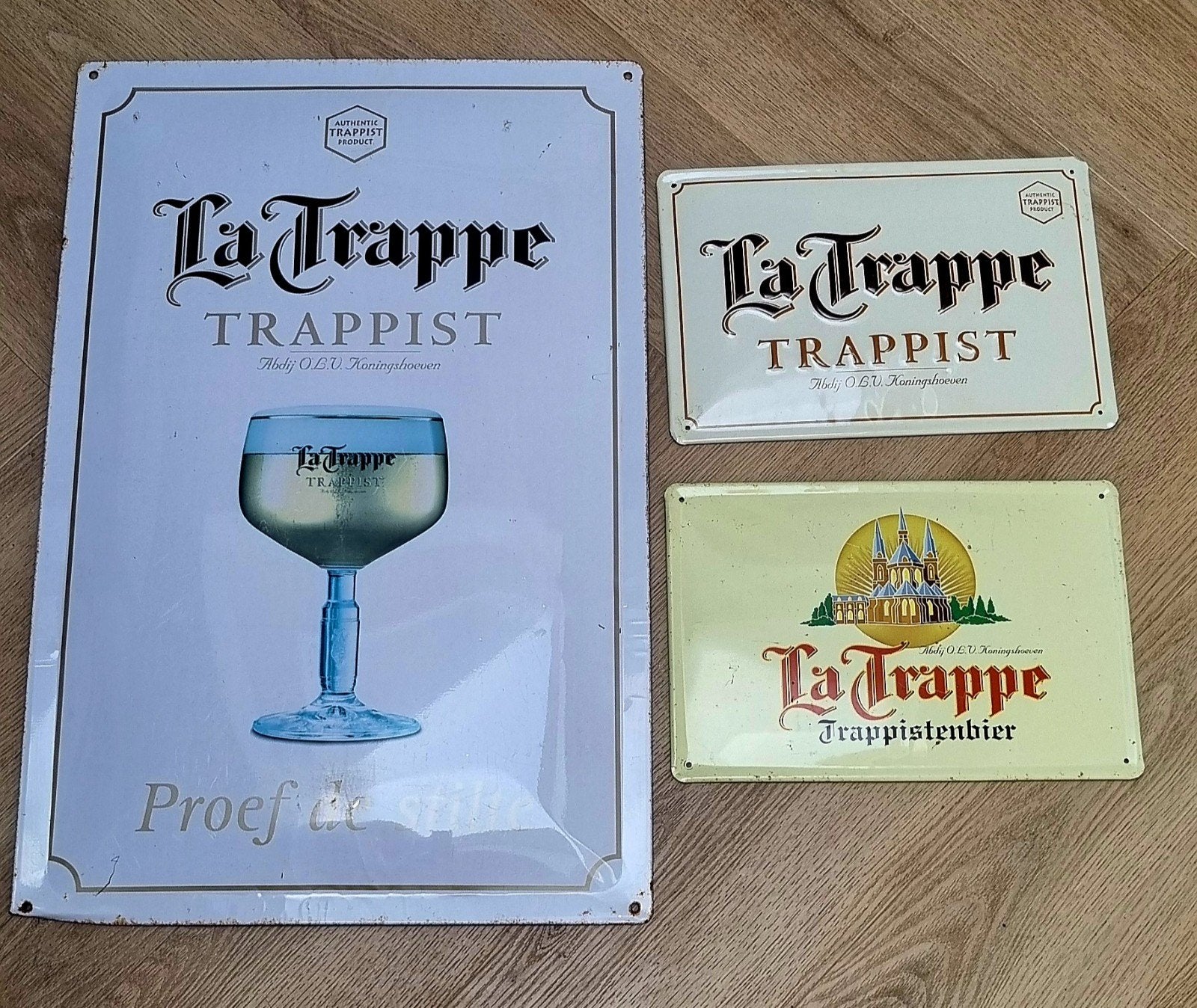 Bier La Trappe Trappist bord reclamebord 3 x mancave brouwer, Ophalen of Verzenden, Gebruikt, Reclamebord