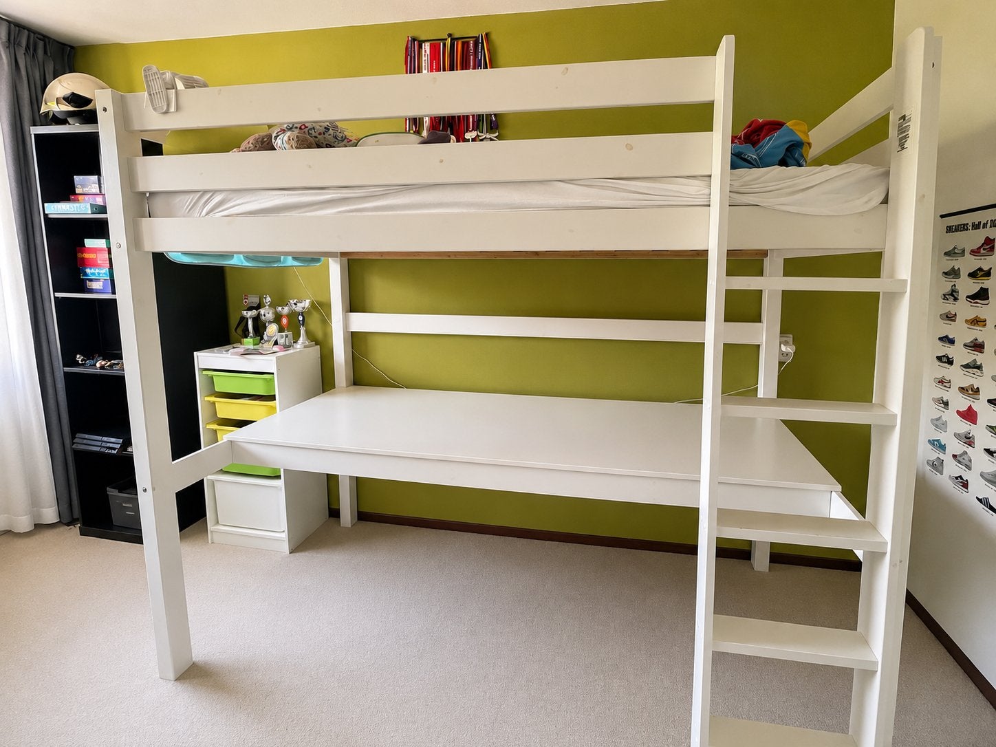 Hoogslaper bed met bureau - Wit (exclusief matras), Ophalen, Eenpersoons, Zo goed als nieuw, 200 cm