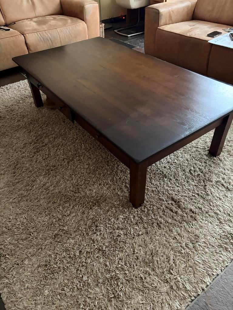 Robuuste salontafel met lades - Donkerbruin hout, Ophalen, Gebruikt, 100 tot 150 cm, 50 tot 100 cm