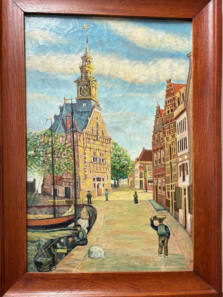 SCHILDERIJ HOORNSE HOOFDTOREN, Ophalen, Ingelijst, Stads- / dorpsgezicht, Doek
