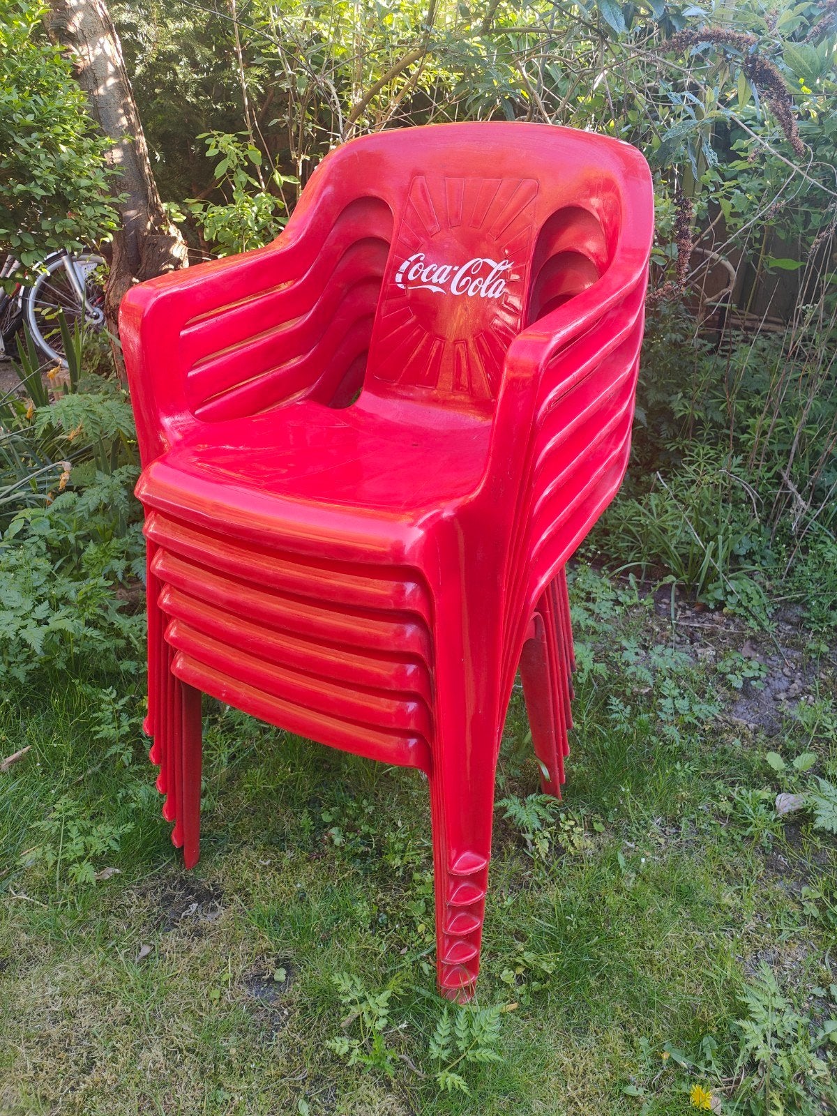 6 Coca Cola terrasstoelen, Ophalen, Gebruikt, Kunststof, Stapelbaar