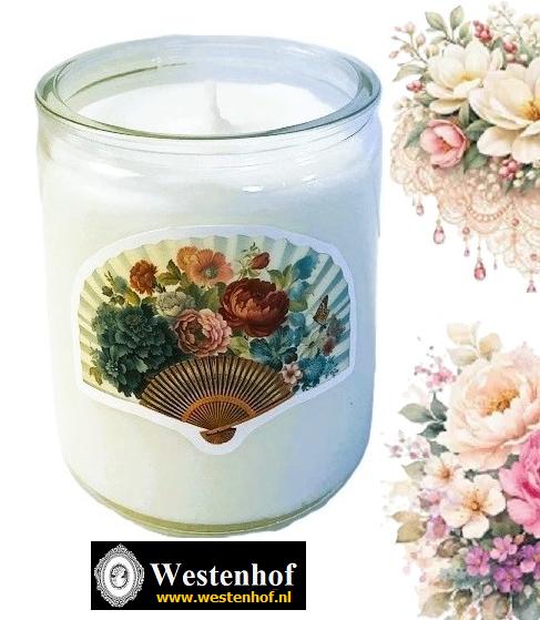 Kaars in glas met vintage waaier - bloemen - wit, Overige materialen, Verzenden, Wit, Nieuw