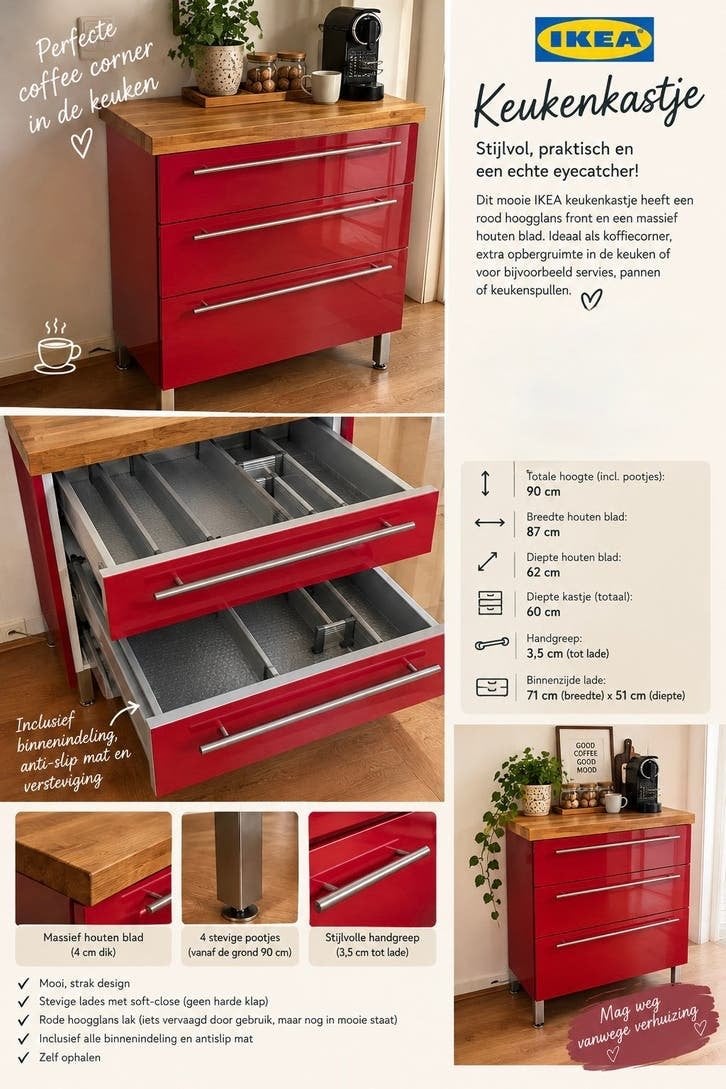 IKEA Keukenkastje Rood Hoogglans met Houten Blad, Huis en Inrichting, Ophalen, Hout, IKEA, Rood