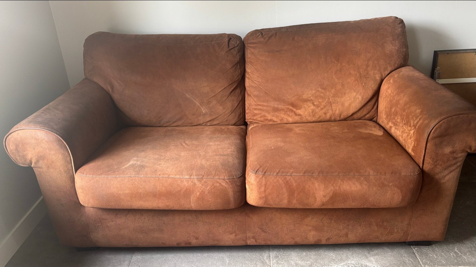 Comfortabele bruine bank en twee fauteuils, Ophalen, Gebruikt, 150 tot 200 cm, Tweepersoons