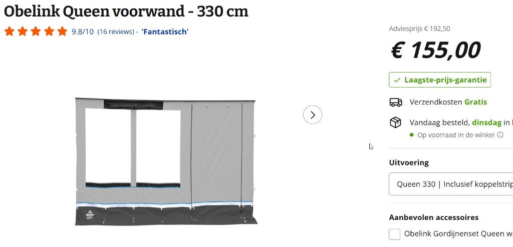 Obelink Queen voorwand - 330 cm, Ophalen, Nieuw