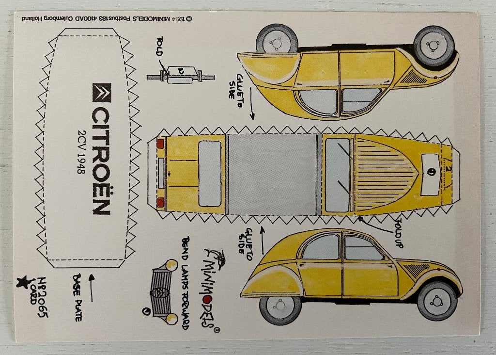 Citroën 2CV 1948 minimodel bouwbriefkaart (1994), Ophalen of Verzenden, 1940 tot 1960, Ongelopen, Voertuig