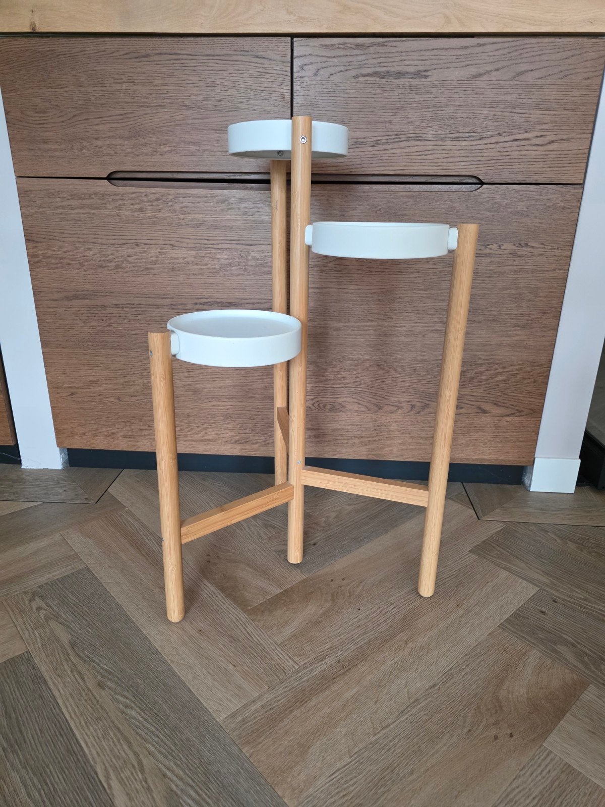 Moderne plantenstandaard met 3 niveaus - Hout & Wit, Hout, Ophalen of Verzenden, Zo goed als nieuw, Modern