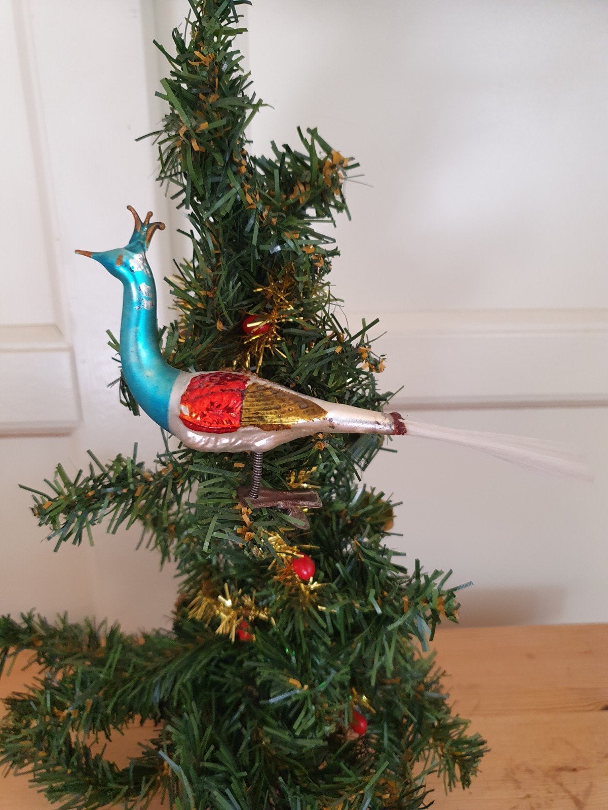 Oude kerstbal glas pauw vogel met kroontje en staart knijper, Ophalen of Verzenden, Gebruikt