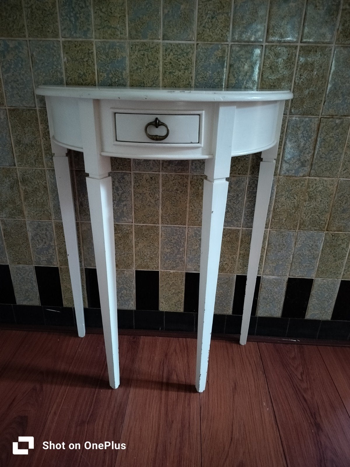 Witte Halfronde Console Tafel met Lade - Hoogte 75cm, Gebruikt, Klassiek, Overige vormen, 60 cm of meer