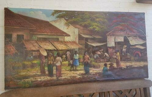 Prachtig groot olieverf schilderij Indonesië Pasar R. Hadi., Ophalen