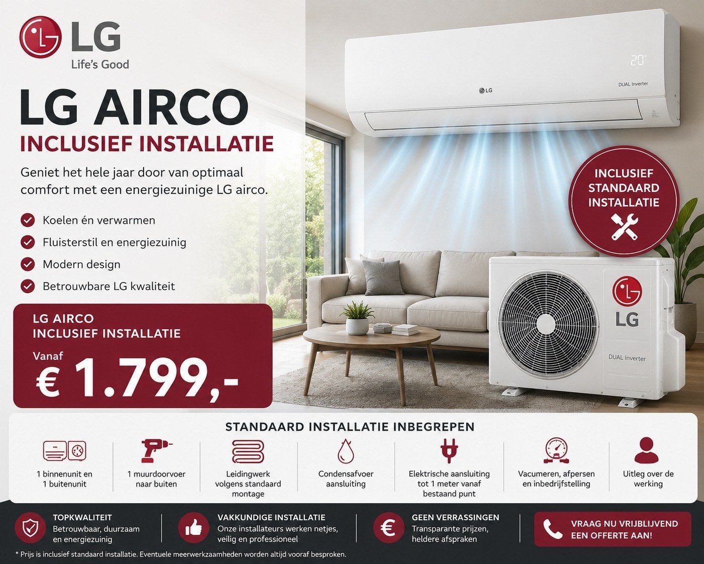 Daikin Airco Inclusief Standaard Installatie, Ophalen, Koelen en Ontvochtigen, Nieuw, 3 snelheden of meer