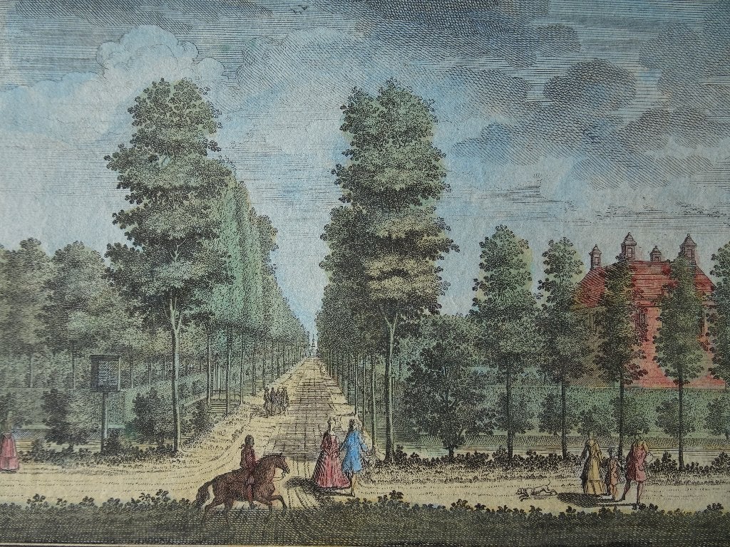 Gravure kleur tuin Zorgwijk Amsterdam D. Stoopendaal 1711, Antiek en Kunst, Verzenden, Gravure, Origineel, Landschap