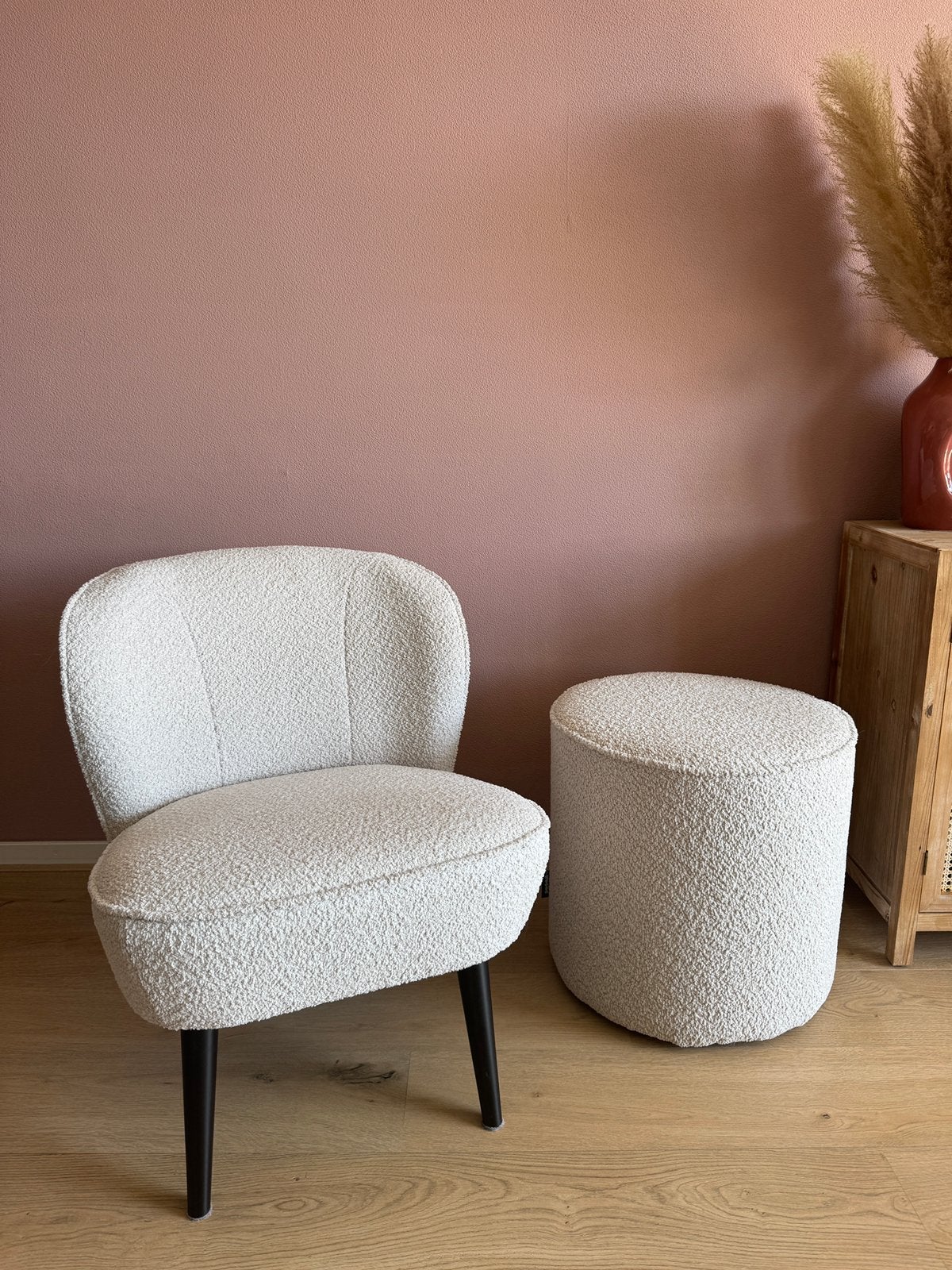 WOOOD fauteuil met bijpassende poef, Ophalen, 75 tot 100 cm, Zo goed als nieuw, Stof